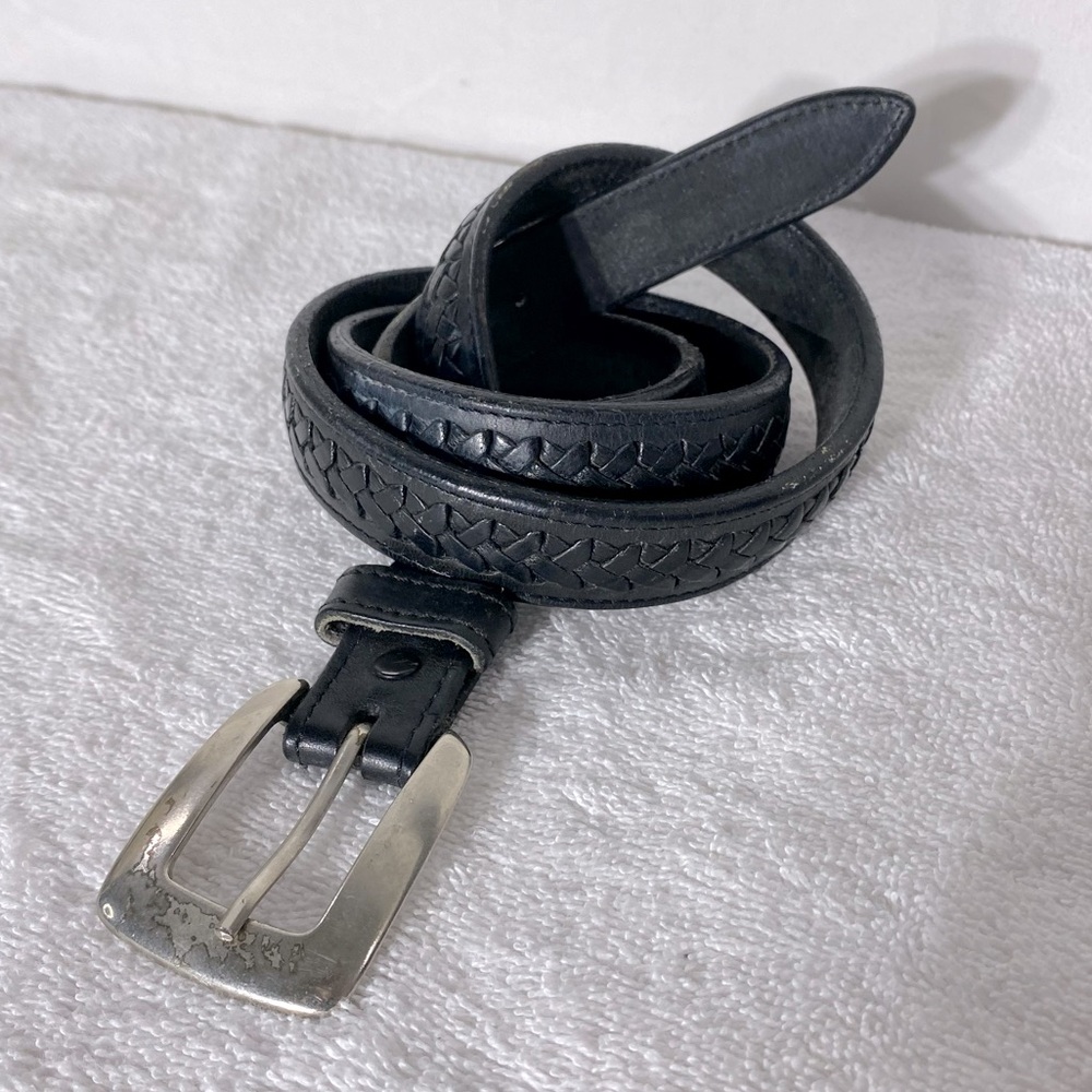 Vintage Black Woven Leather Belt With silver Tone Buckle
